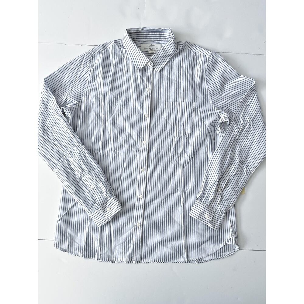 Trovata Birds Of Paradis Button Up Shirt Womens Medium Blue Stripe Long Sleeve